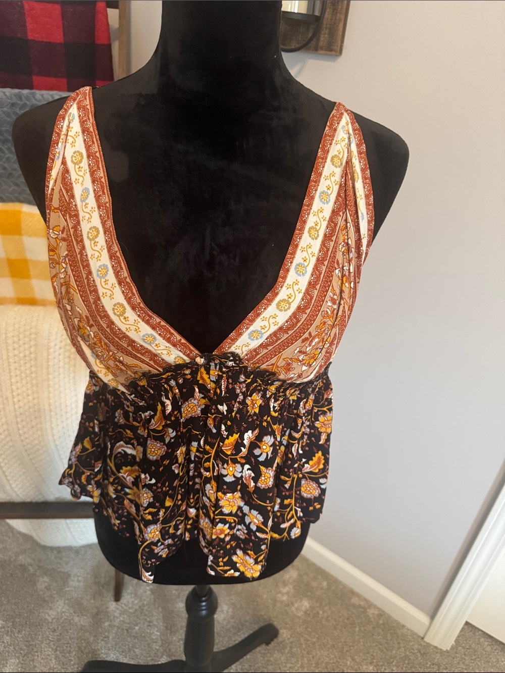 Willow Black Tank Top with Rust and Cream Floral Details